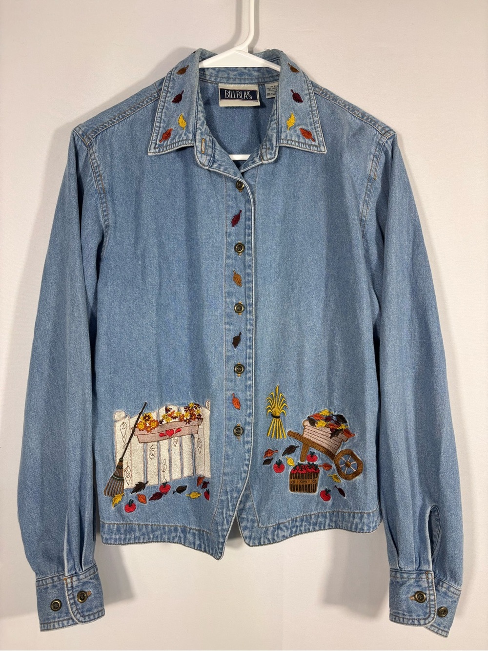 Vintage Bill Blass Denim Shirt Jacket Fall Harvest Embroidered Apples Medium